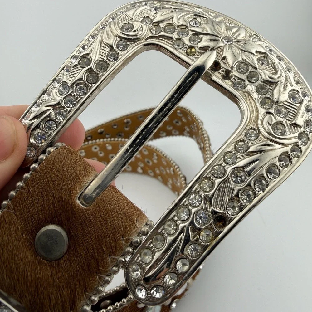 WholesalebyATLAS Western Belt XL Brown Excellent Crystal Studded Hair-on-Hide